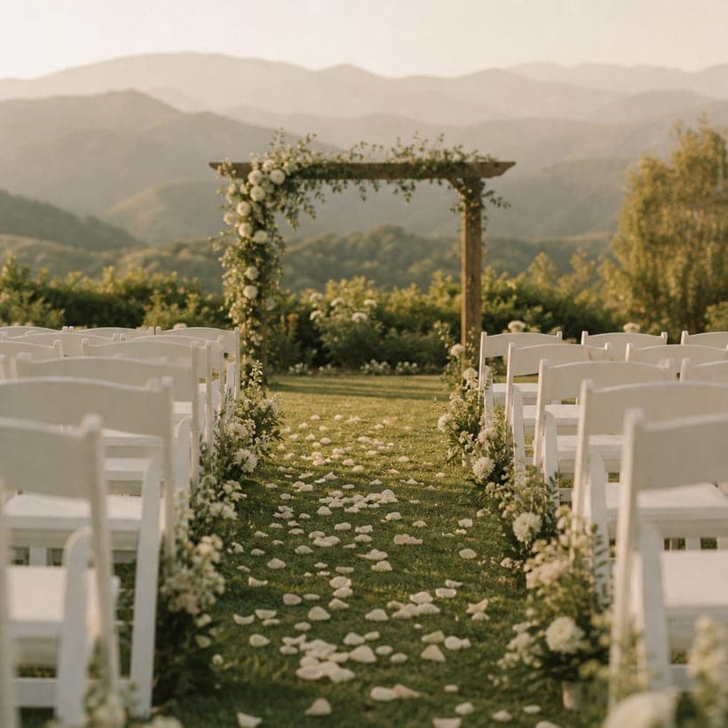 Petals down the garden aisle before the ceremony