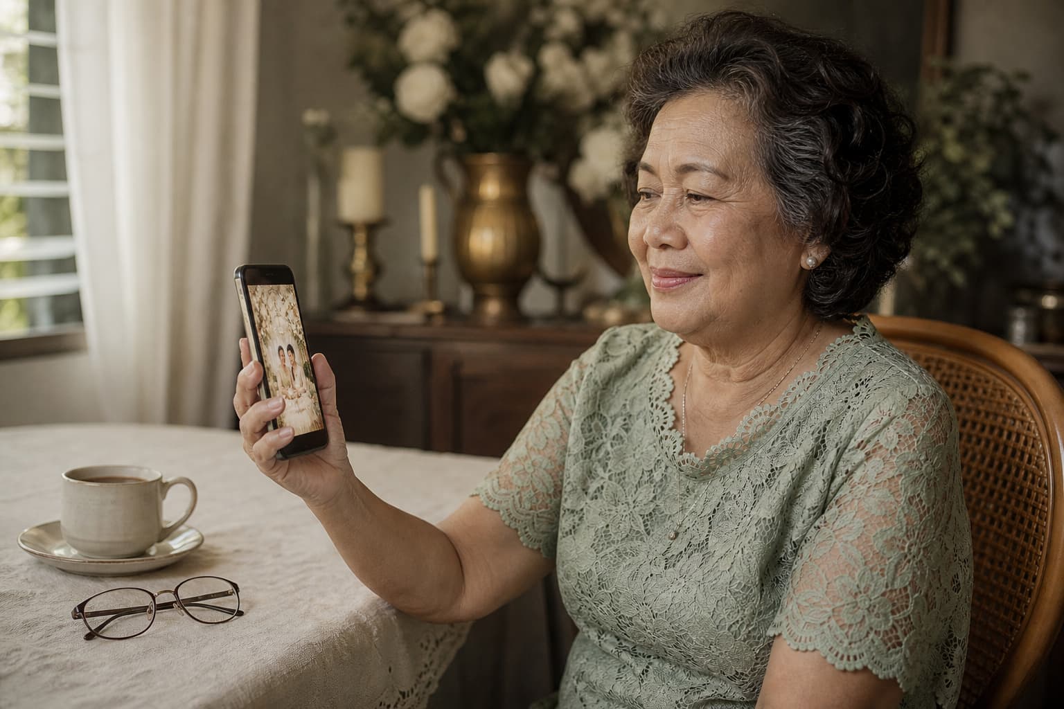 A Filipino grandmother in a sage lace blouse holding a phone at arm's length, reading an invitation and smiling