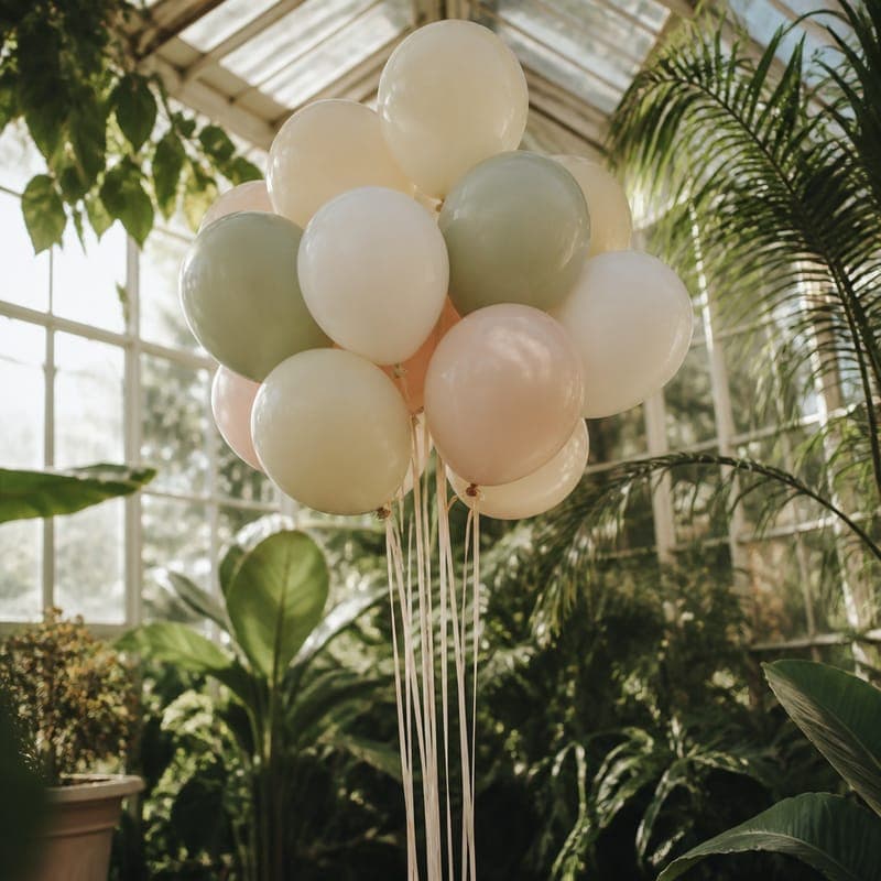 Balloons and greenery at the garden entrance