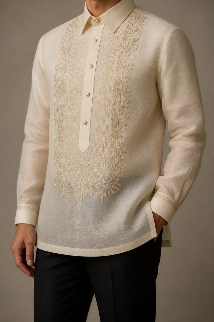 A cream barong on a dress form