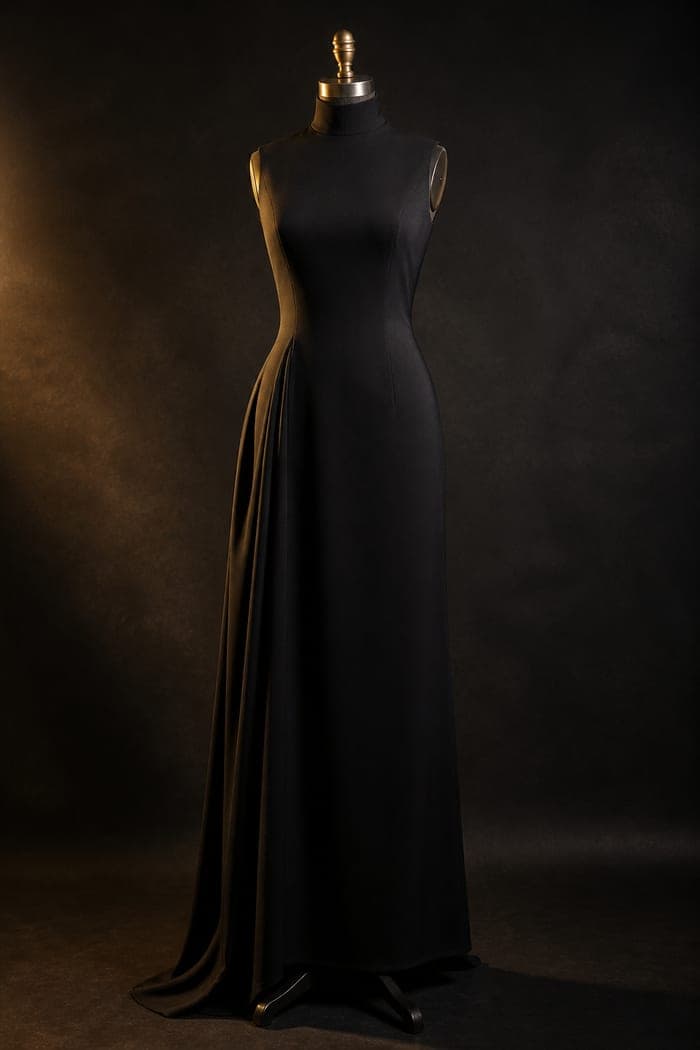 A floor-length black crepe dress on a dress form
