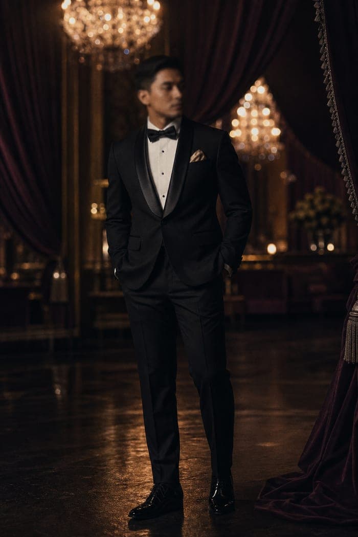 Guest in a black tuxedo with a bow tie