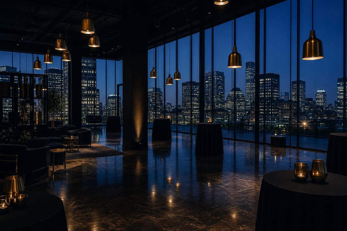 The ballroom foyer lit in brass before the doors open