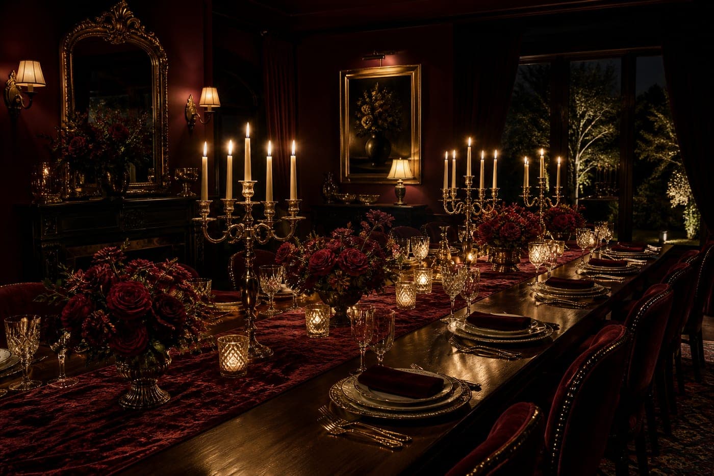 Garnet roses and candlelight along the length of the table