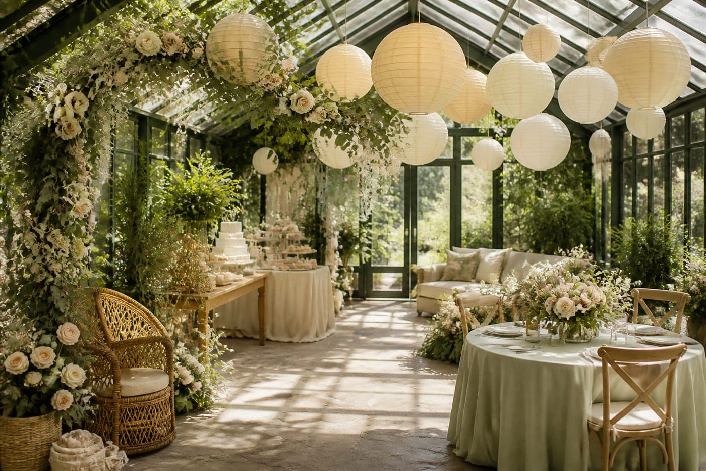 Eucalyptus and blush roses running the length of the table