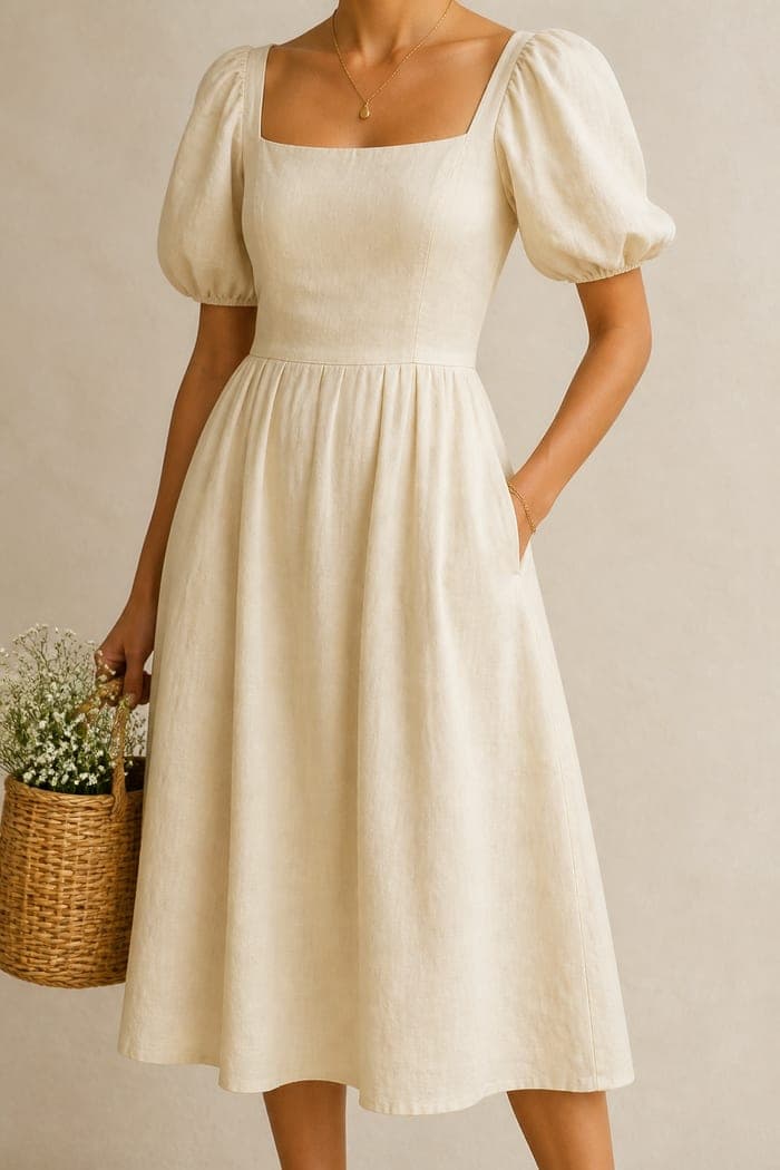 A buttercream linen dress on a dress form