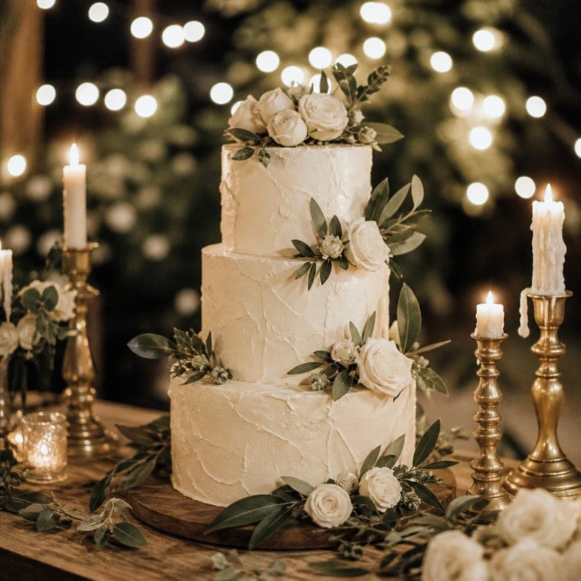 A tiered wedding cake dressed with figs and olive branches