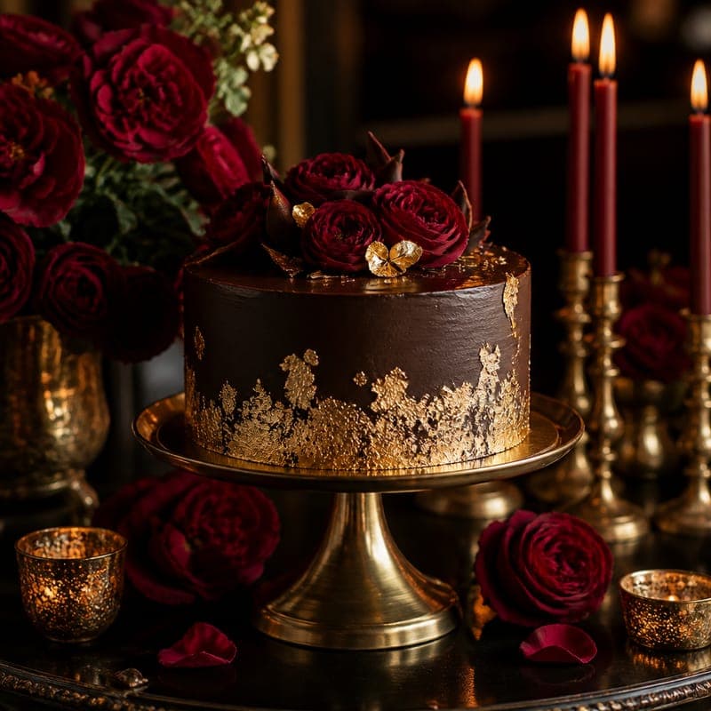 The birthday cake in garnet and gold