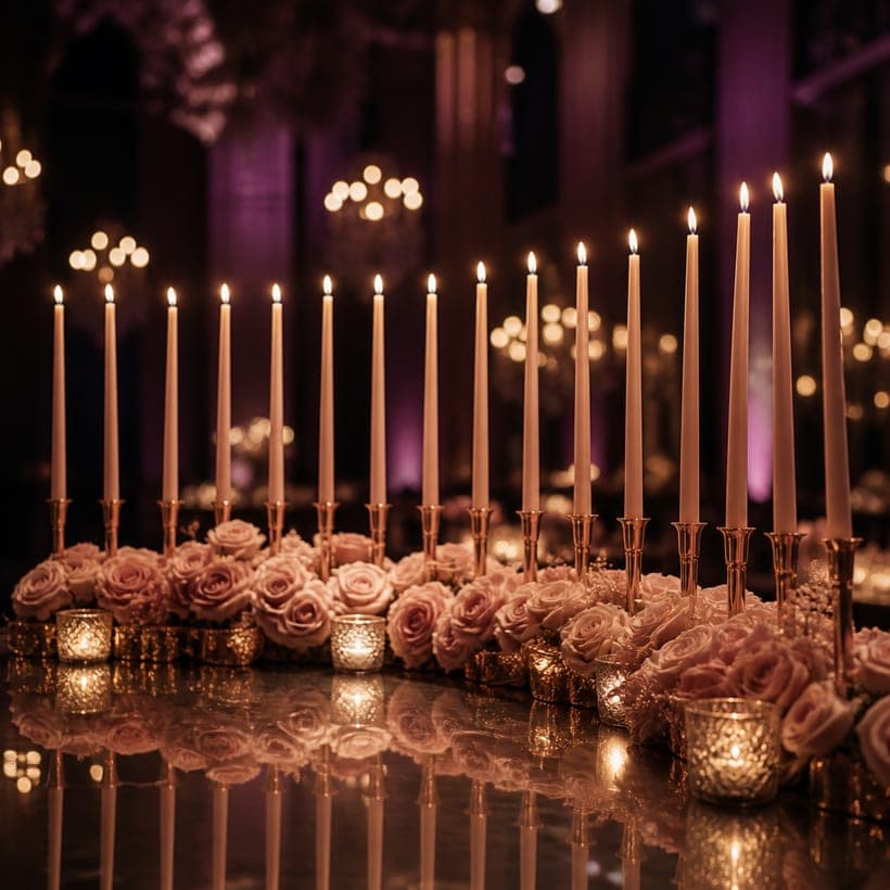 Eighteen candles set out on a mirrored table