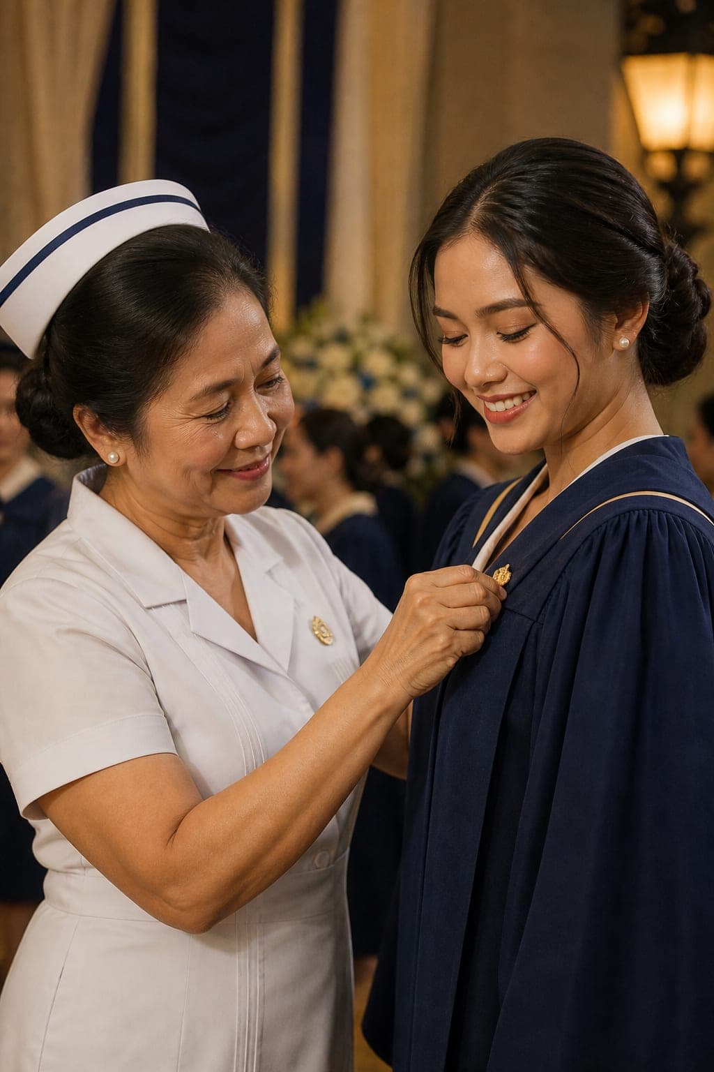 A nurse pinning the college insignia on a graduate's gown