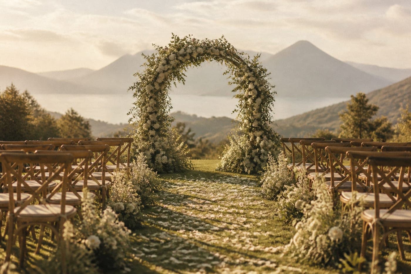 The ceremony arch on the ridge overlooking the lake