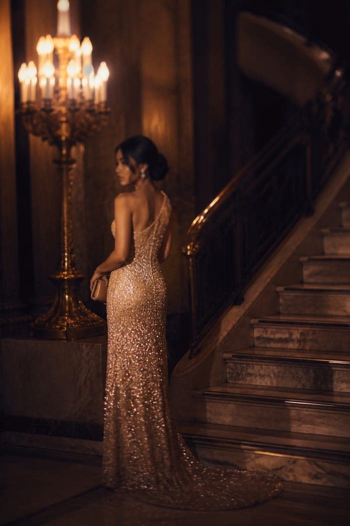 Guest in a champagne sequinned gown