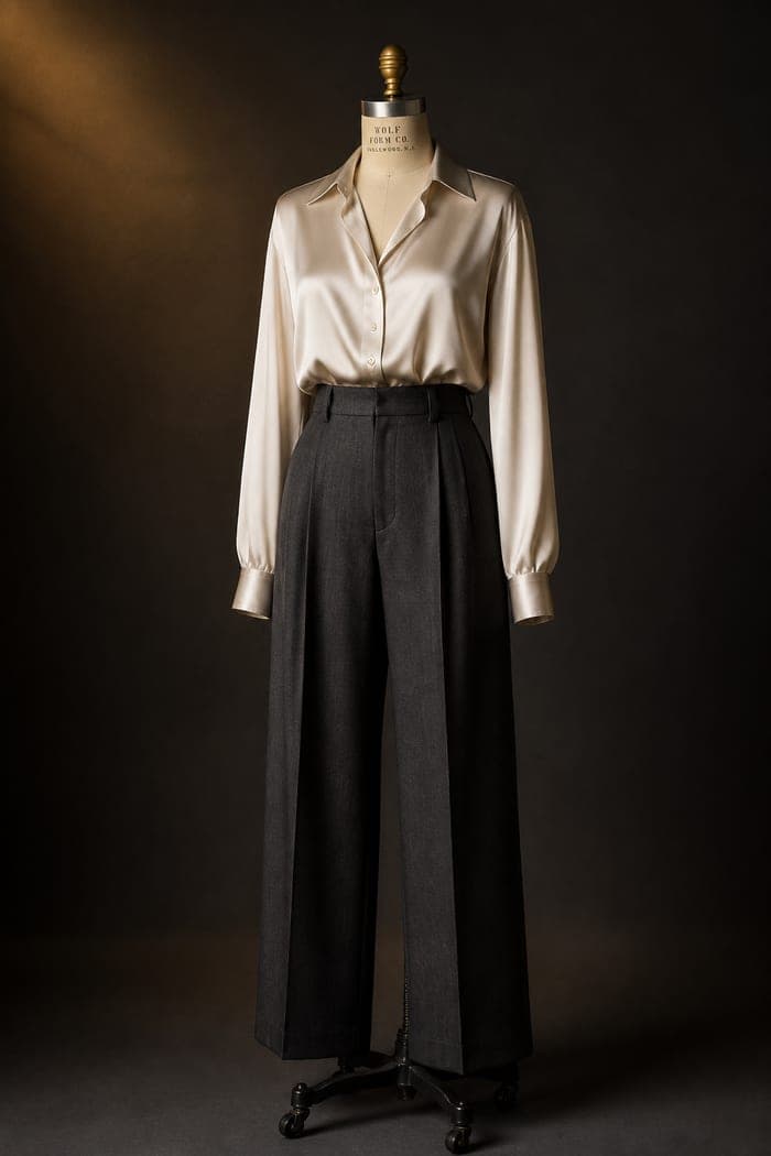 A champagne silk blouse with charcoal trousers on a dress form