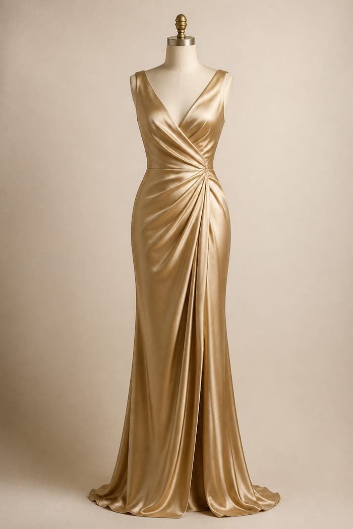 A champagne satin gown on a dress form