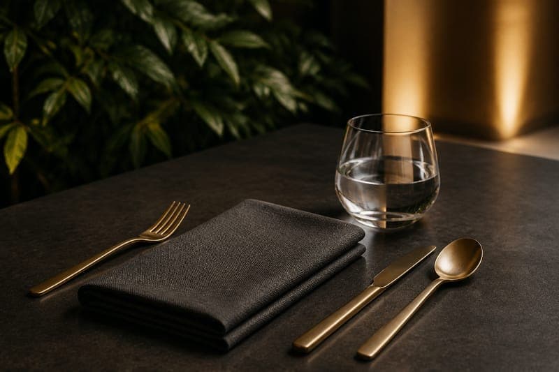 Minimal place setting with brass cutlery on a dark table