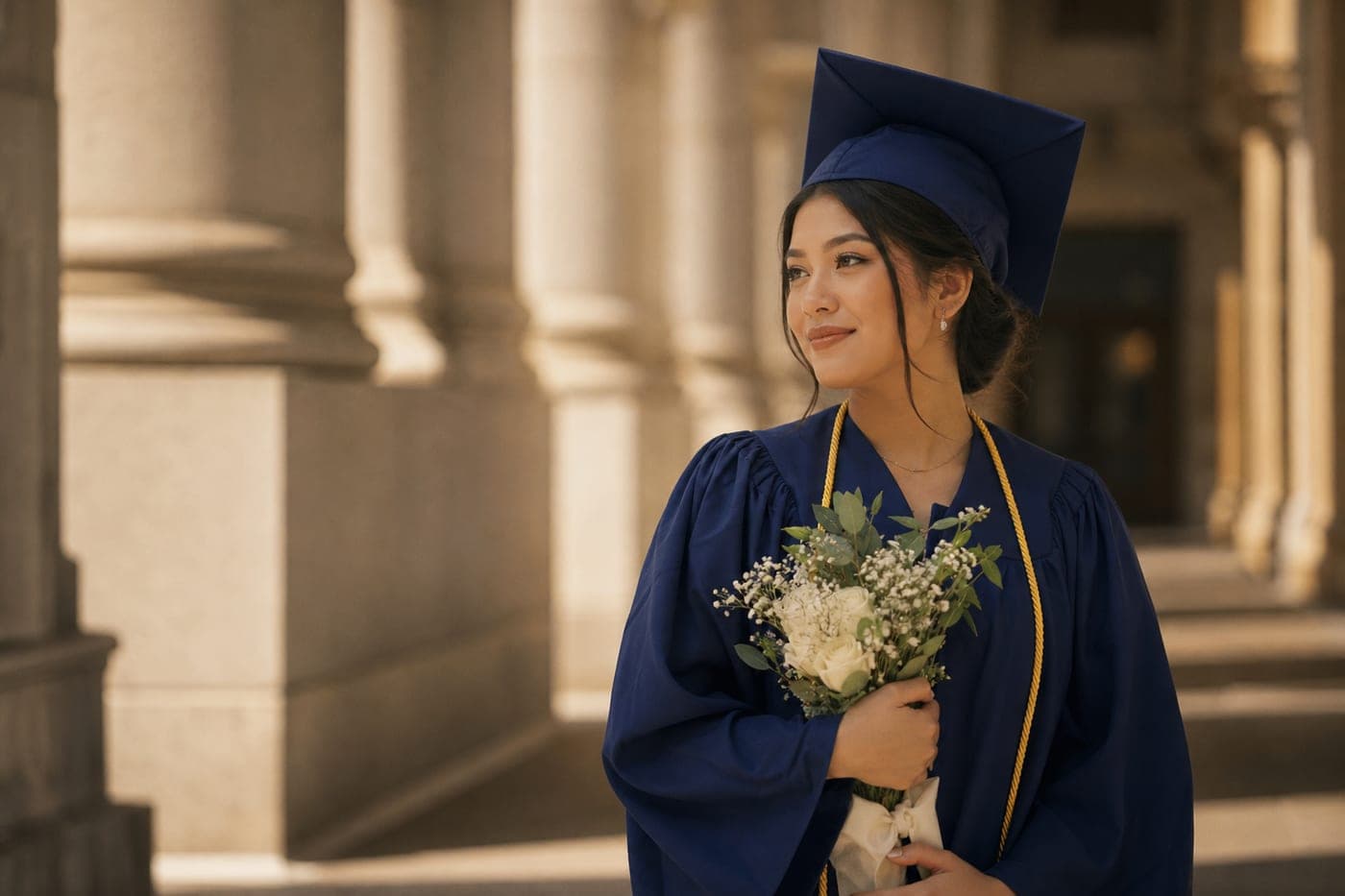 Patricia in a navy graduation gown and gold cords holding a bouquet