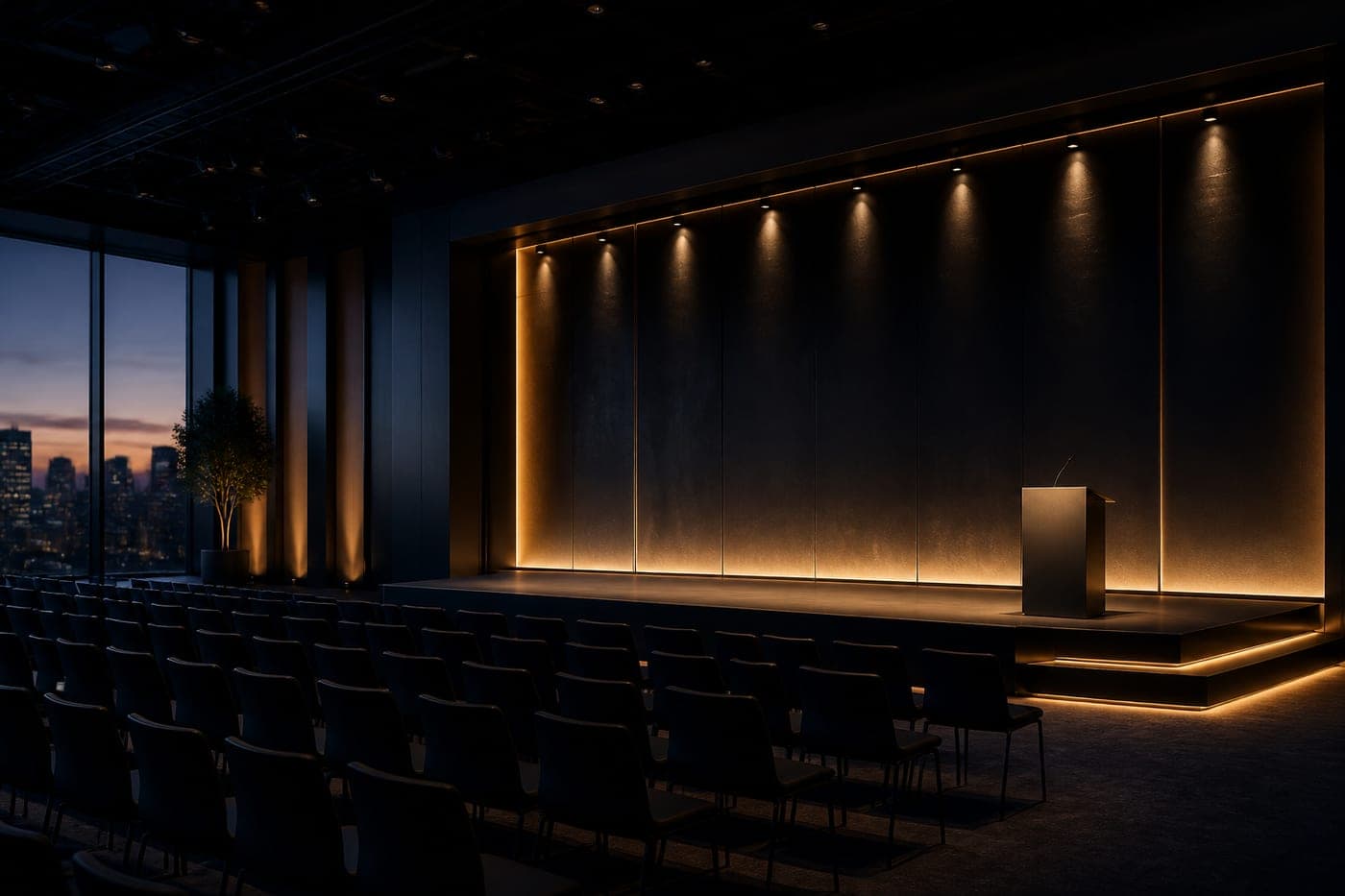 A dark auditorium lit in warm gold before a product launch