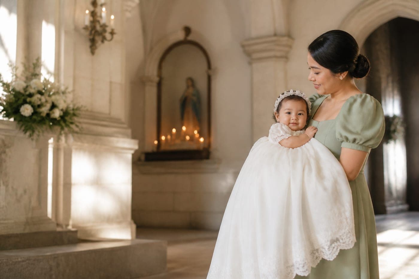 Elena Marie in a lace christening gown, held by her mother in the church