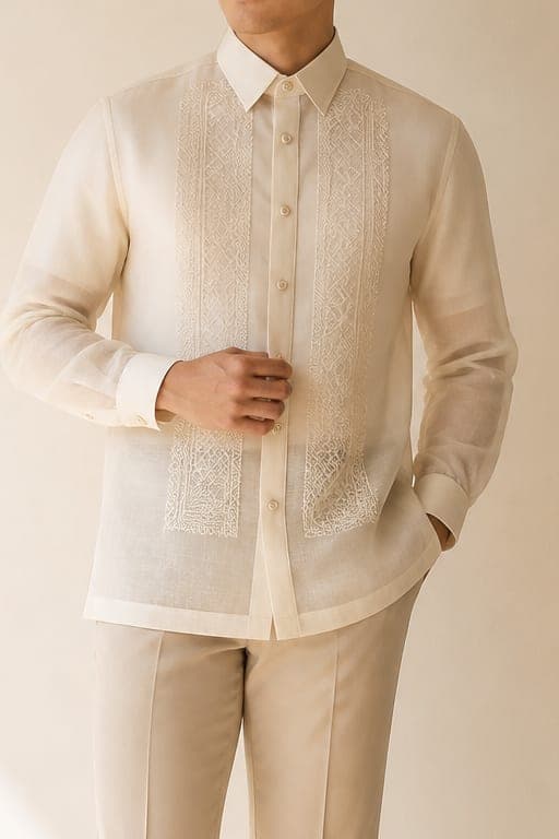 A cream piña barong on a dress form