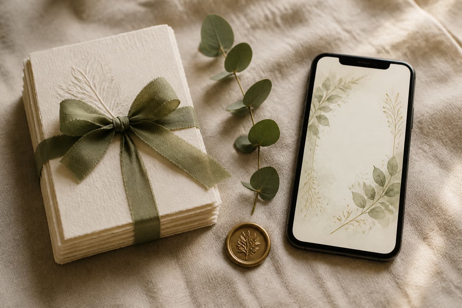 A ribbon-tied stack of letterpress invitation cards beside a phone showing a digital invitation, on cream linen