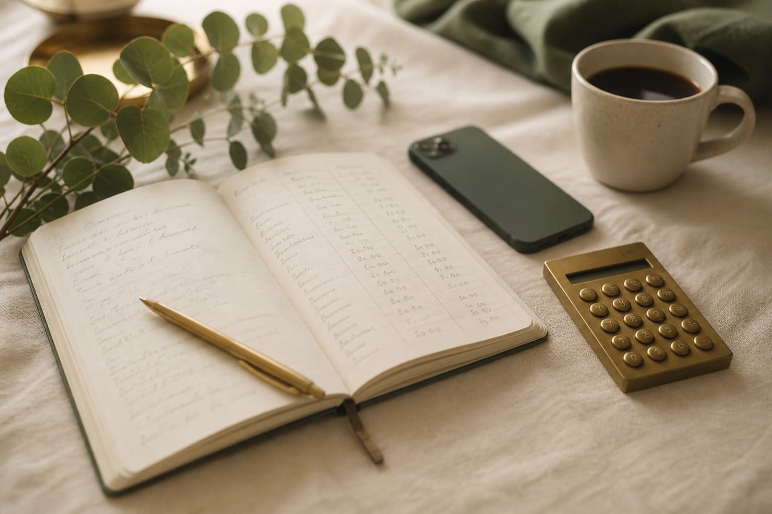 An open notebook of handwritten wedding figures on cream linen beside a brass calculator, a phone and a cup of coffee