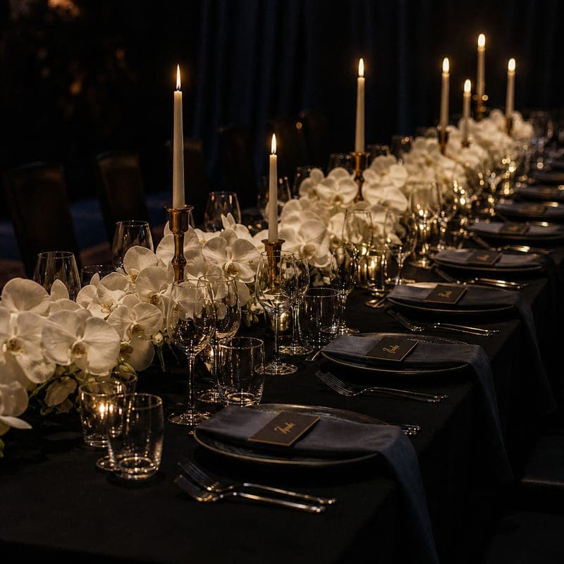 The dinner tables laid in black and brass