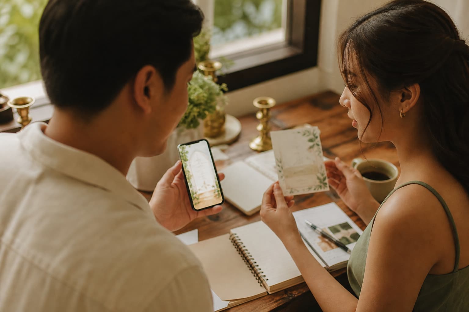 A Filipino couple at a table comparing an invitation on a phone with a small printed card, planning notebooks open in front of them