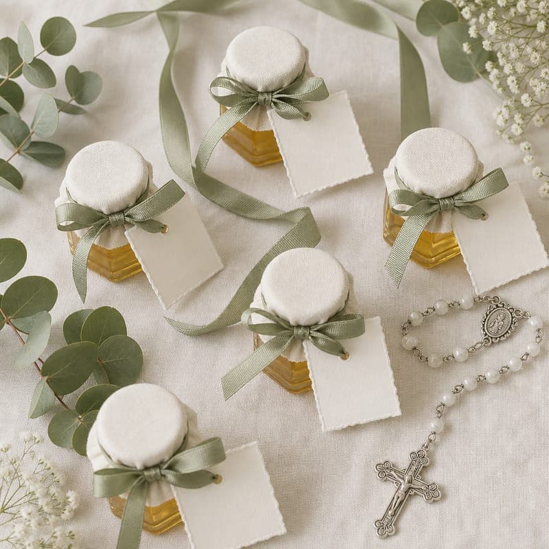 Favour boxes tied with sage ribbon