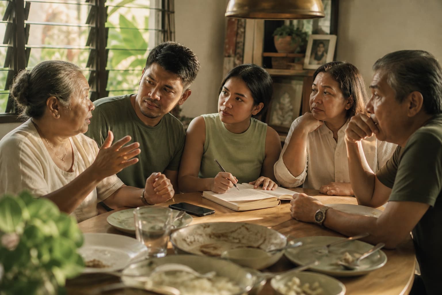 A multigenerational Filipino family talking around a dining table after a meal, one taking notes in a notebook