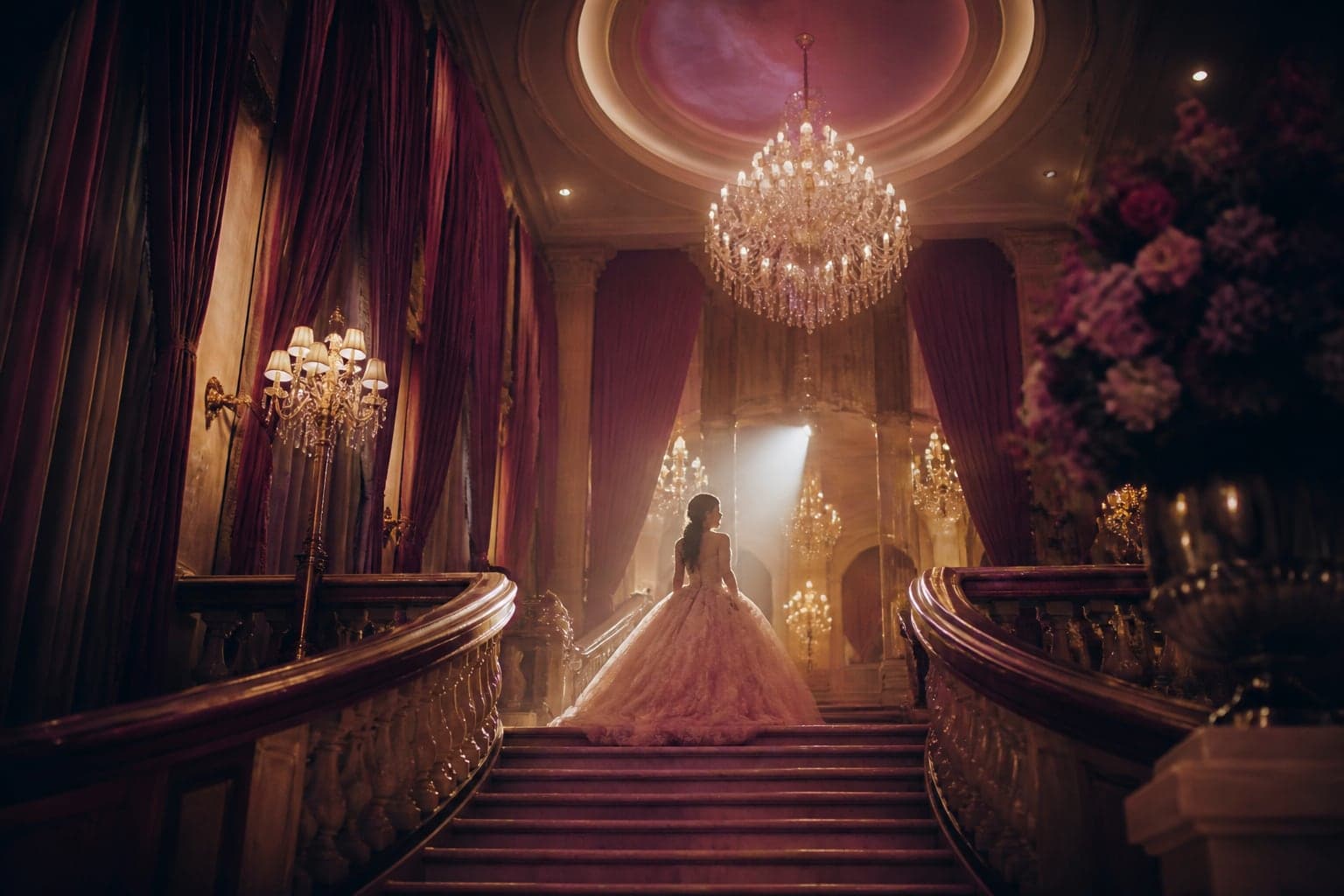 Sofia on the ballroom stair during the gown fitting