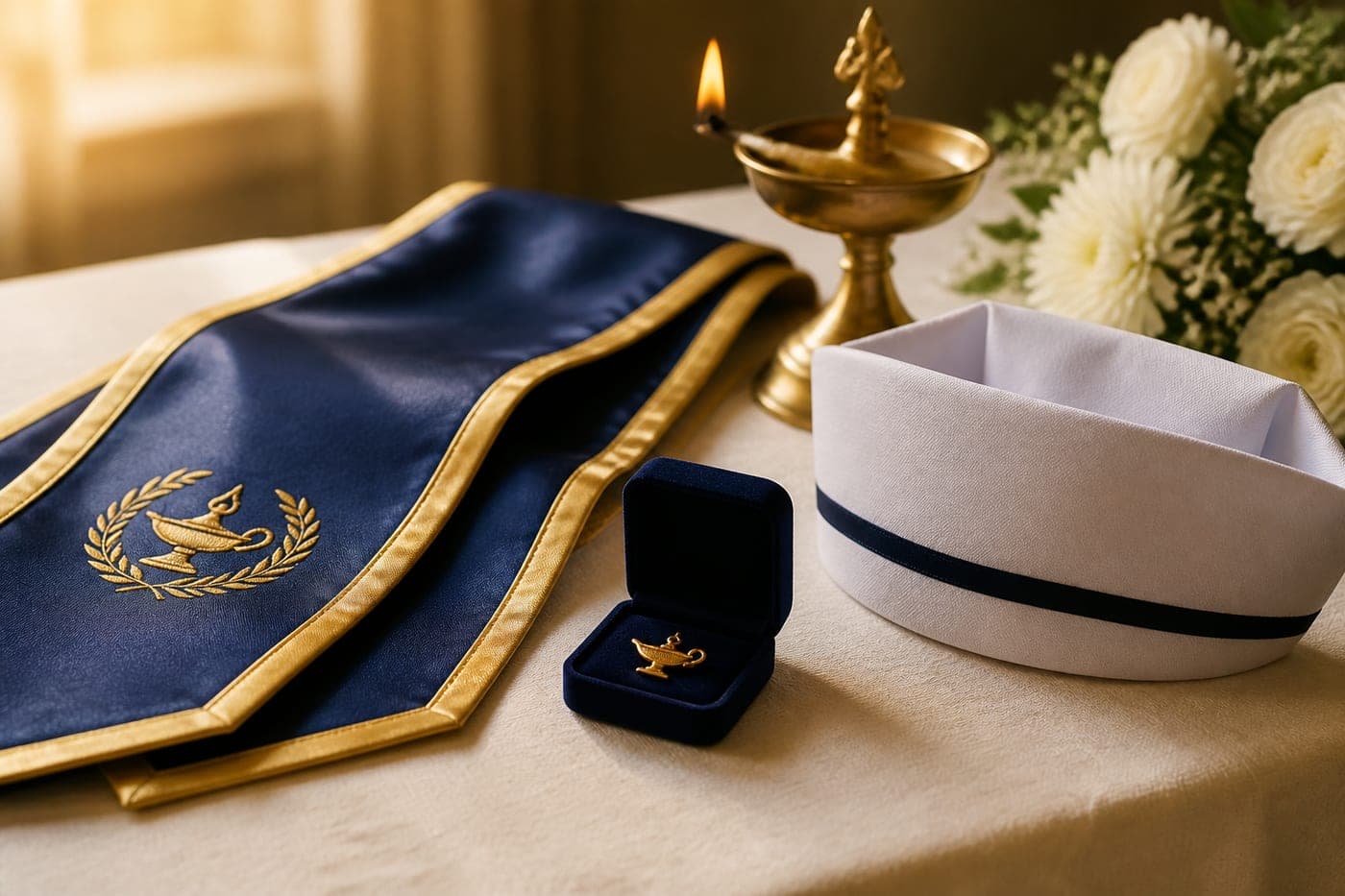 A navy graduation cap and gold cords laid on a stone bench