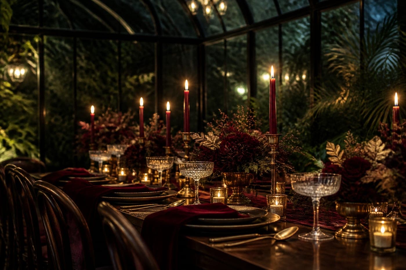 A candlelit dinner table set with garnet roses and crystal