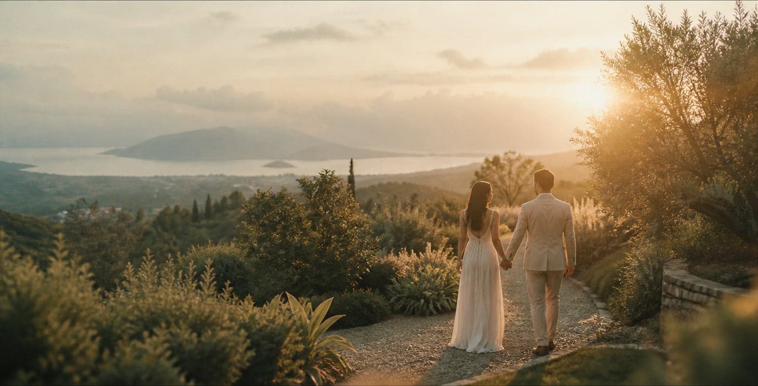 Andrea and Miguel walking the ridge path at golden hour
