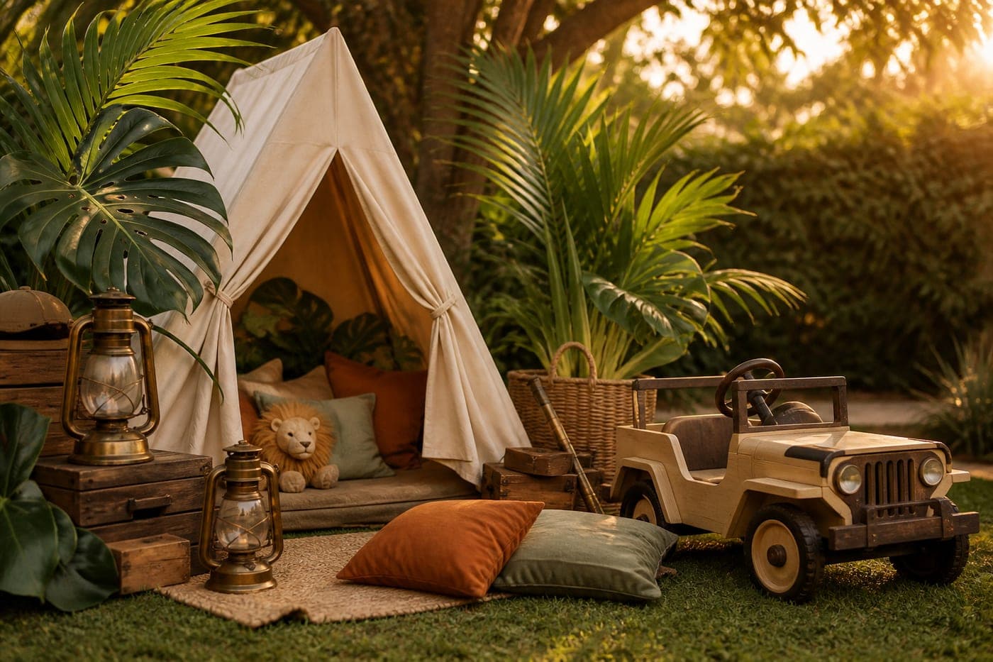 A canvas tent and lanterns set up under the trees