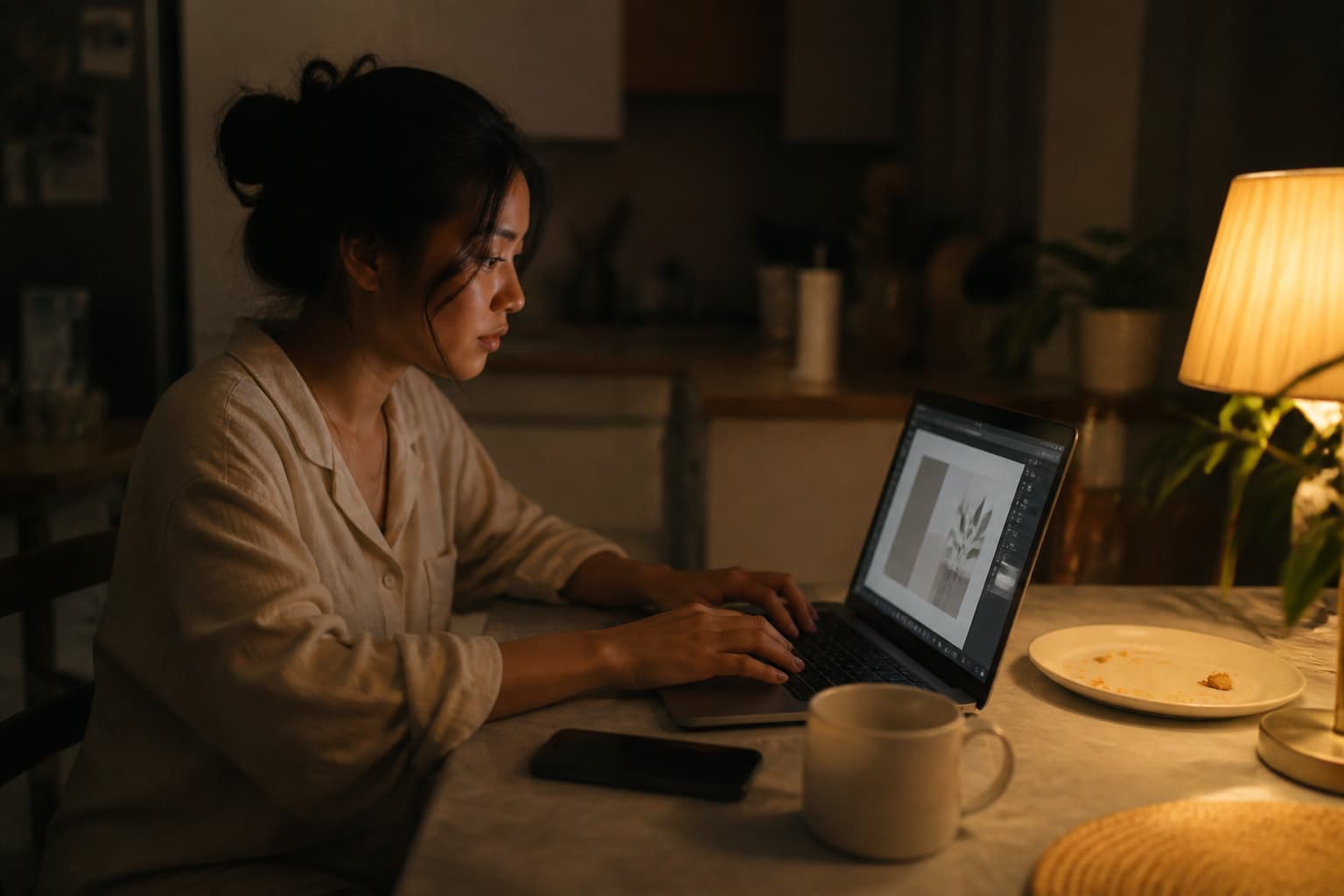 A woman working late at a kitchen table on a laptop by lamplight, an empty mug and a plate pushed aside