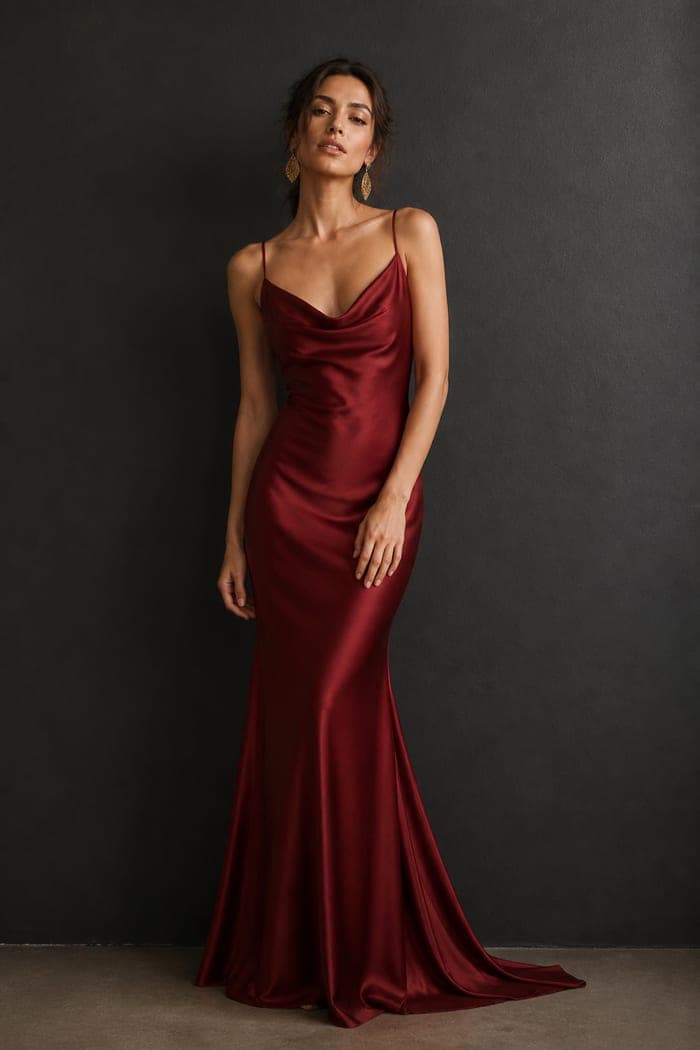 A garnet silk evening gown on a dress form