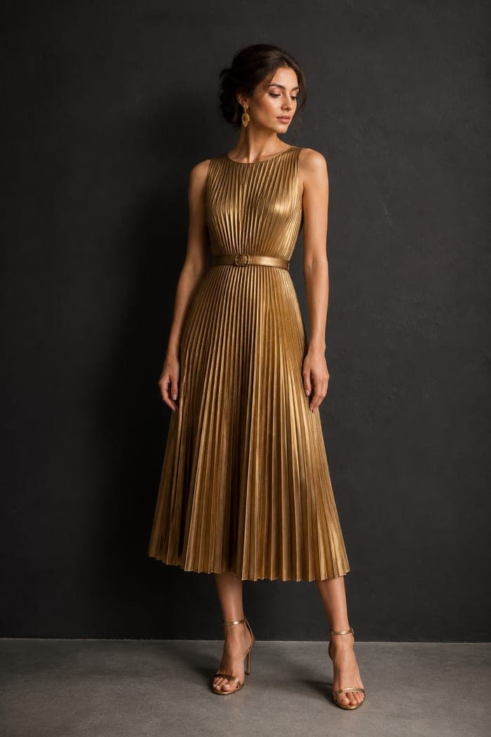 A gold lace cocktail dress on a dress form