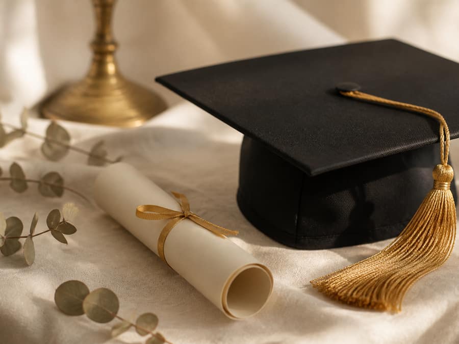 A graduation cap and a rolled diploma tied with gold ribbon on cream linen