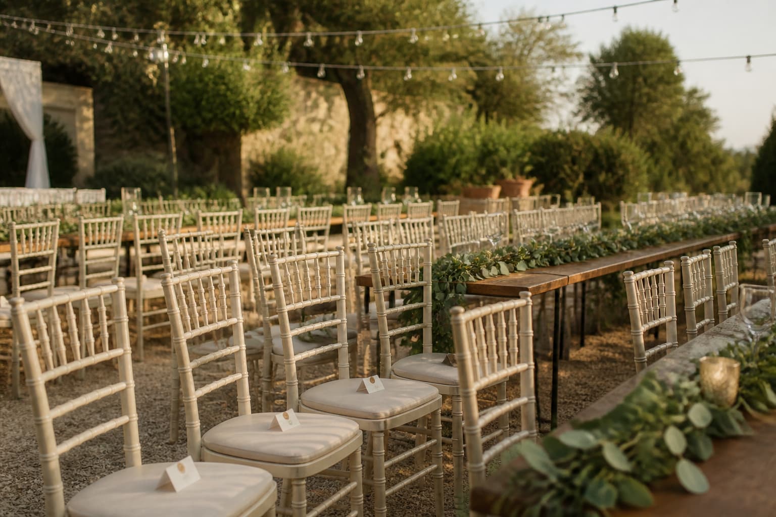 Rows of empty cream chiavari chairs at a garden reception in golden light, place cards on some seats and string lights overhead