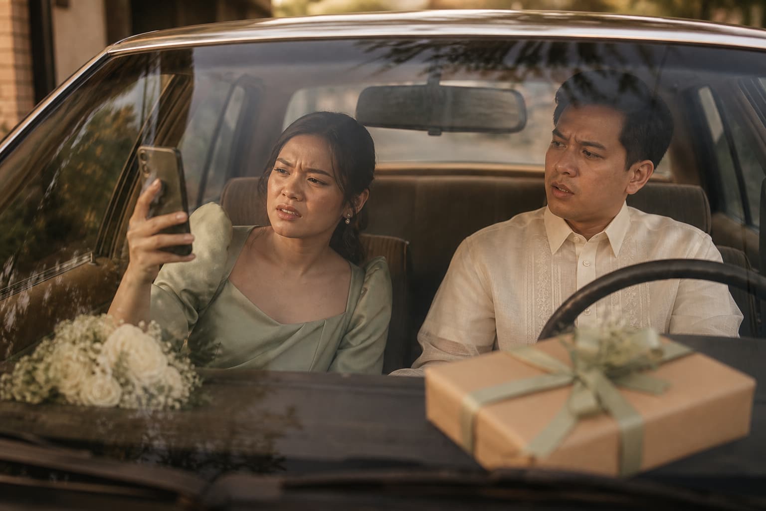 A Filipino couple dressed for a wedding sitting in a parked car, the woman squinting at a phone while the man looks over, a bouquet and gift on the dashboard