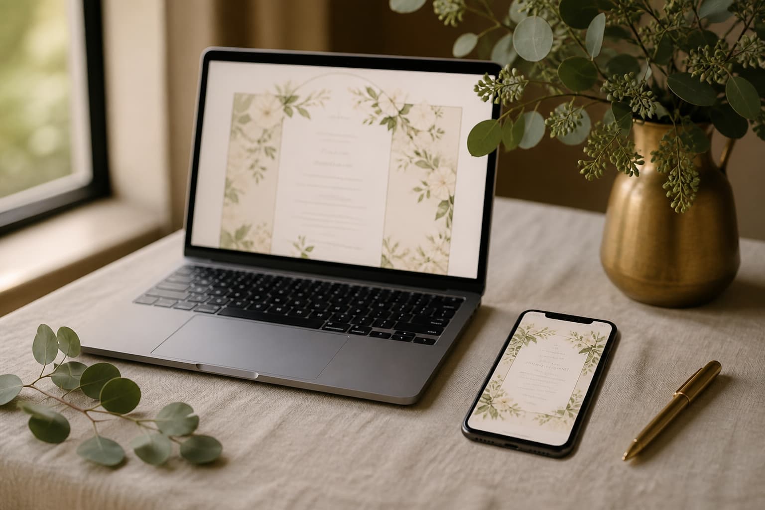 A laptop and a phone on a cream linen table, both showing the same invitation page beside a brass vase of eucalyptus