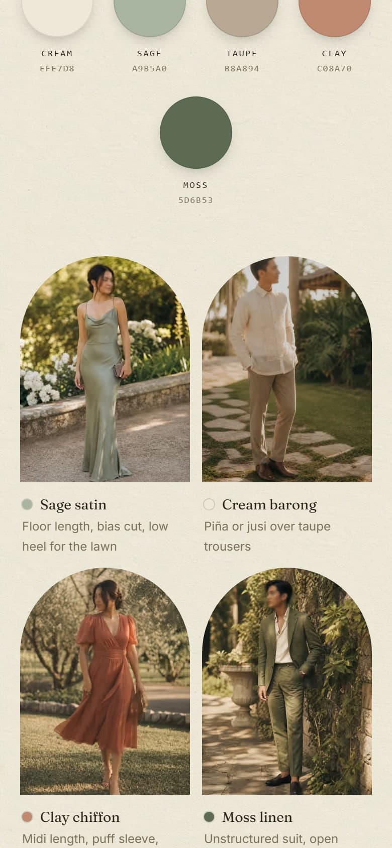 An attire palette on the invitation with five colour swatches and four photographed looks