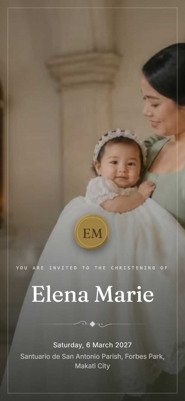 A christening invitation open on a phone, in sage and cream