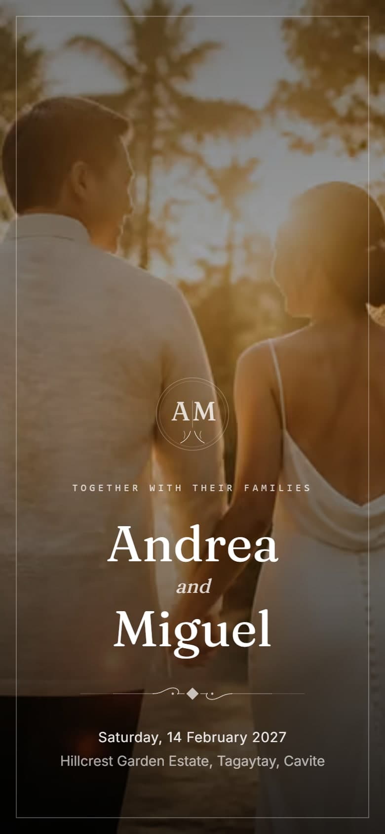 A wedding invitation open on a phone, showing the couple's names over a sunset photo with the date and venue underneath