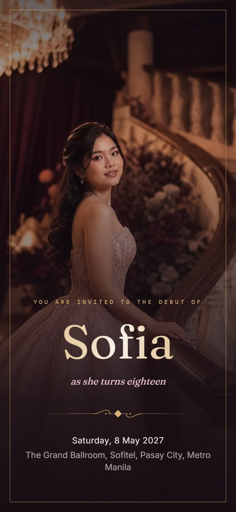 A debut invitation open on a phone, the celebrant on a staircase under a chandelier