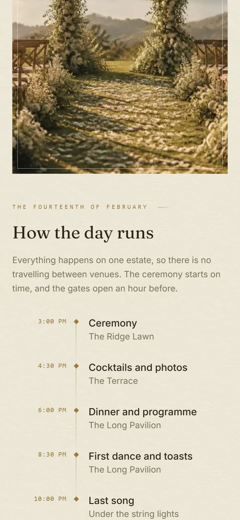 The running order of a wedding day on the invitation, from a three o'clock ceremony to the last song at ten