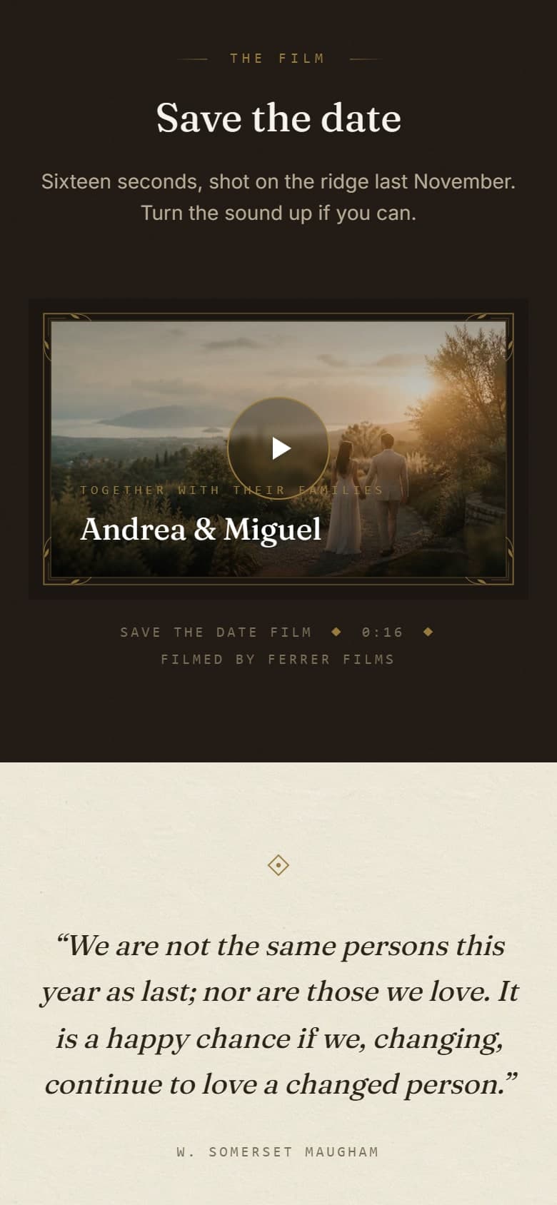 A save the date film on the invitation, paused on the couple walking a ridge at sunset