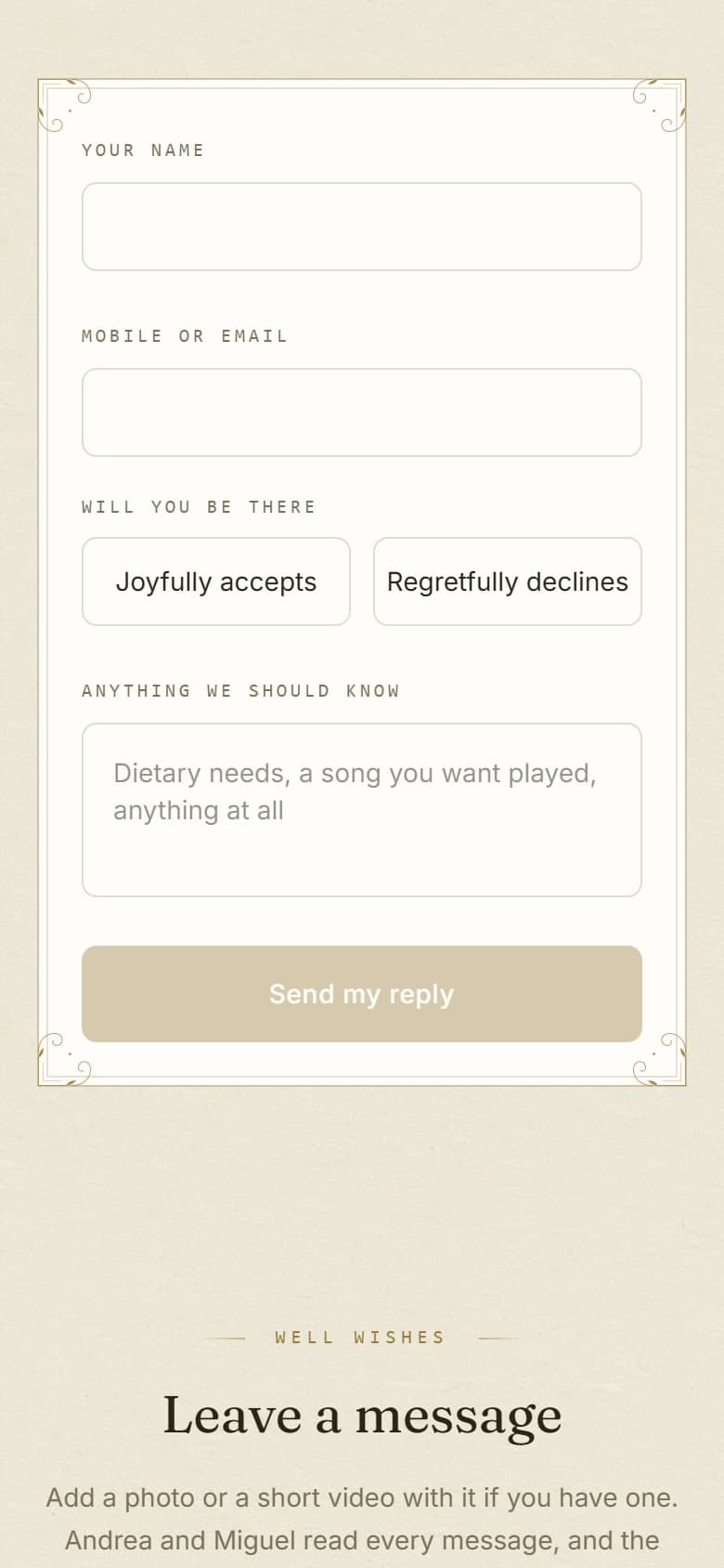The RSVP form on the invitation, asking for a name, a contact, whether they are coming, and anything the couple should know