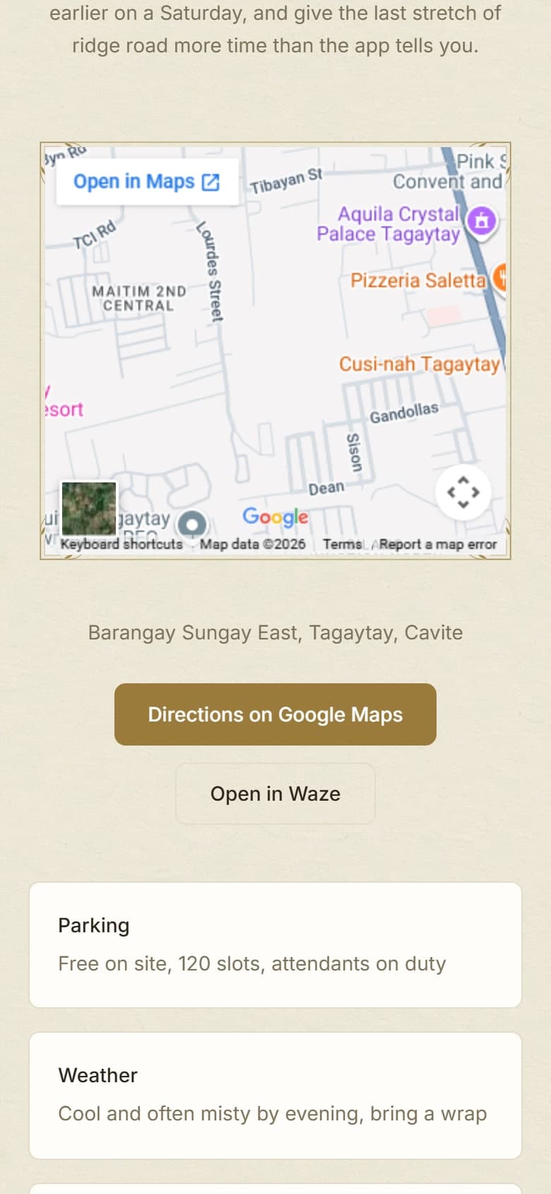 A venue map on the invitation with directions buttons and notes on parking, weather and ground