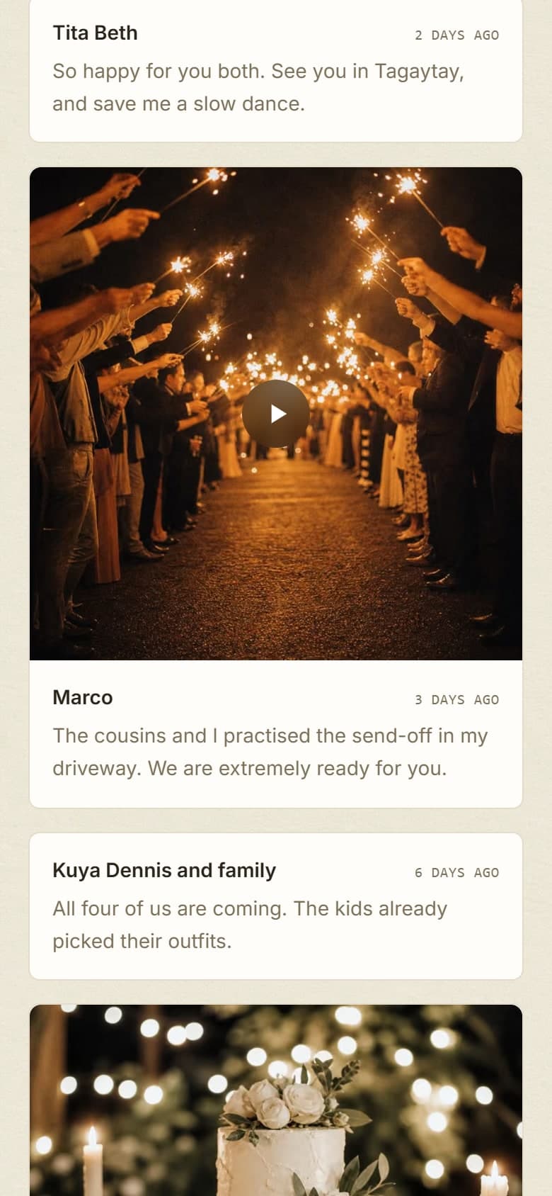The well wishes wall on the invitation, with messages from guests and a video one guest attached